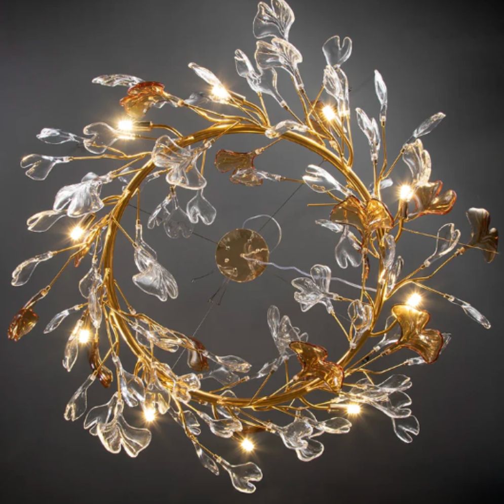 Lustre Led en Cristal Doré à Feuilles - Lumiine