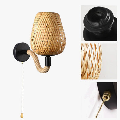 Applique Murale Japonaise Rotin Tissé avec Corde de Chanvre - Lumiine