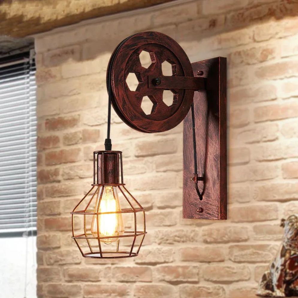 Applique Murale Rustique Poulie avec Cage Industrielle