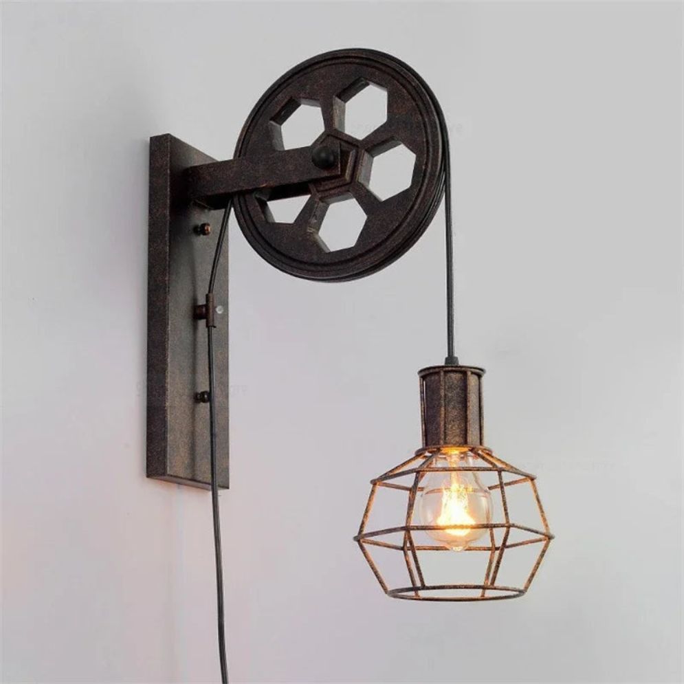 Applique Murale Rustique Poulie avec Cage Industrielle