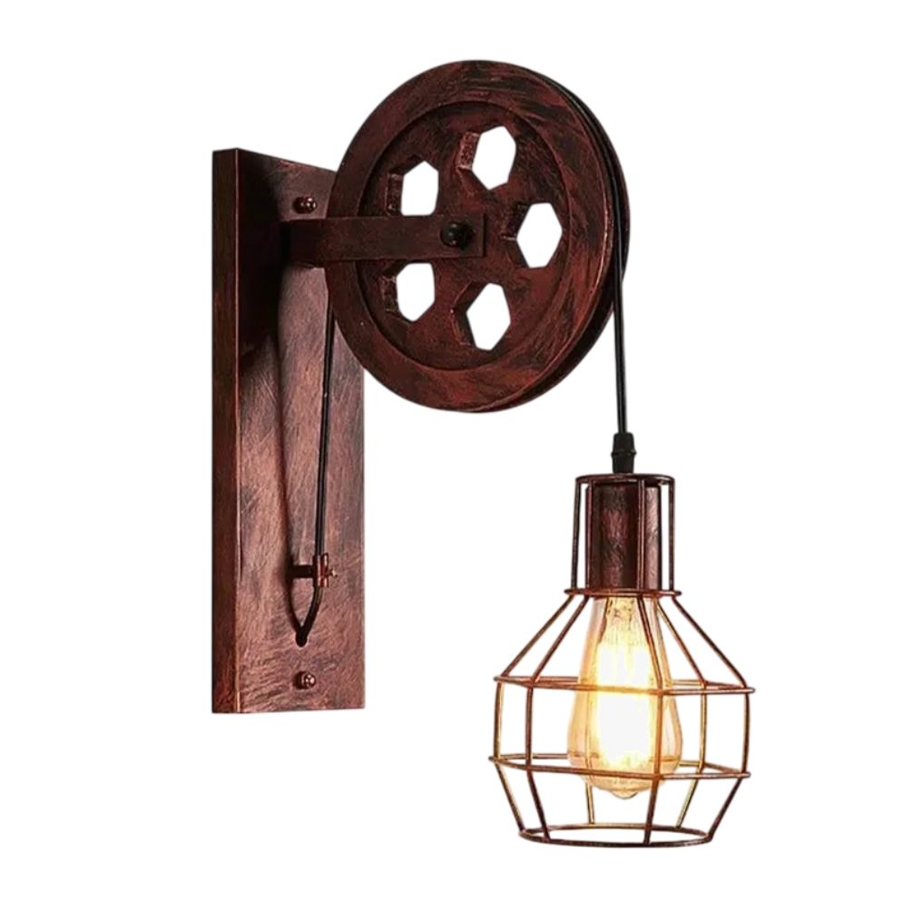 Applique Murale Rustique Poulie avec Cage Industrielle