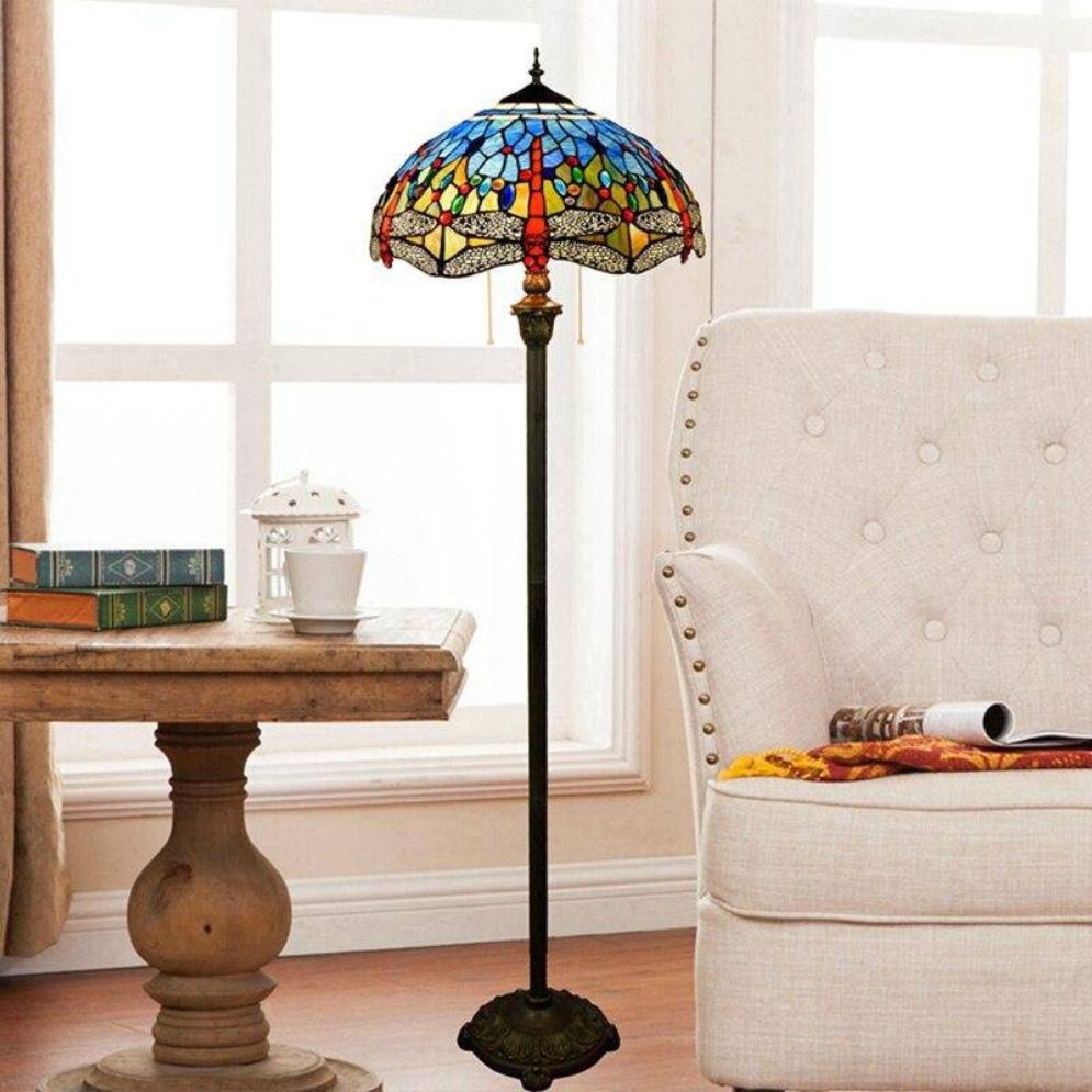 Lampadaire Tiffany avec Abat-jour en Verre Vitrail Bleu Glaze - Lumiine