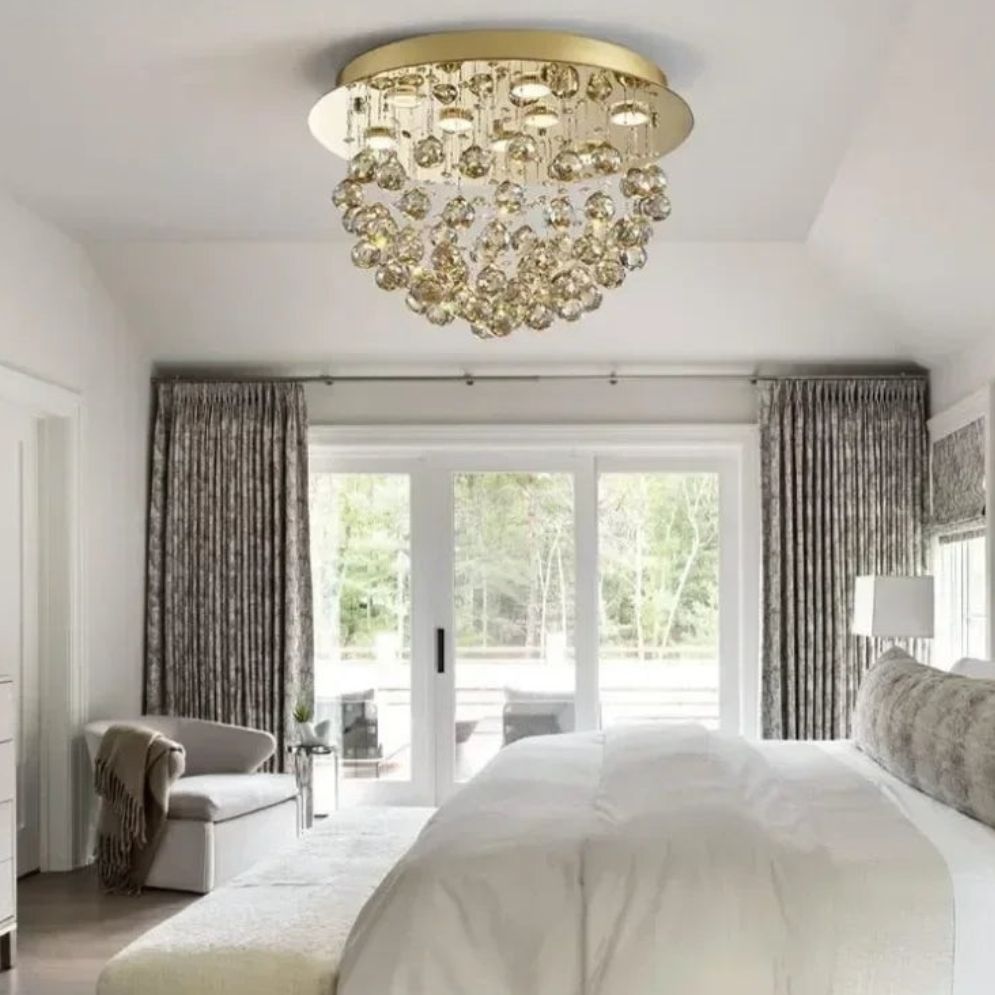 Lustre Design Doré Led en Métal et Verre Cristal Loft