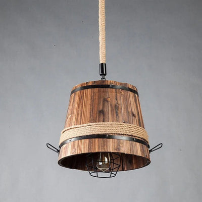 Lustre en Bois de Tonneau Rétro et Corde en Chanvre