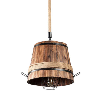 Lustre en Bois de Tonneau Rétro et Corde en Chanvre - Lumiine

