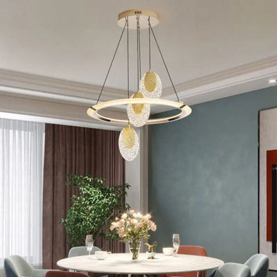Lustre Led Cristal Cair Rond Fil Métallique Doré Réglable - Lumiine
