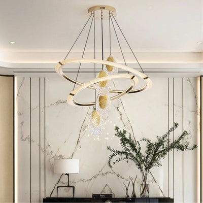 Lustre Led Cristal Cair Rond Fil Métallique Doré Réglable - Lumiine
