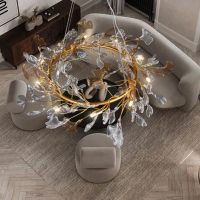 Lustre Led en Cristal Doré à Feuilles - Lumiine