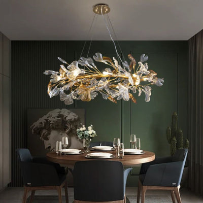 Lustre Led en Cristal Doré à Feuilles - Lumiine