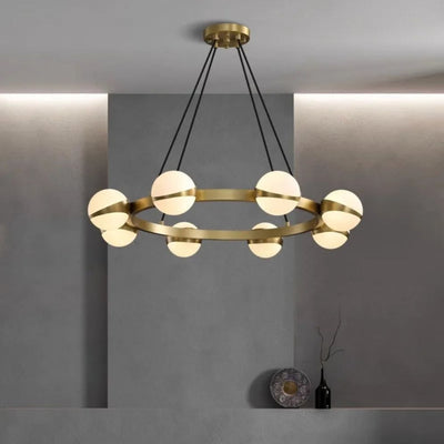 Lustre LED Rond à Anneau Doré et boules Blanches - Lumiine
