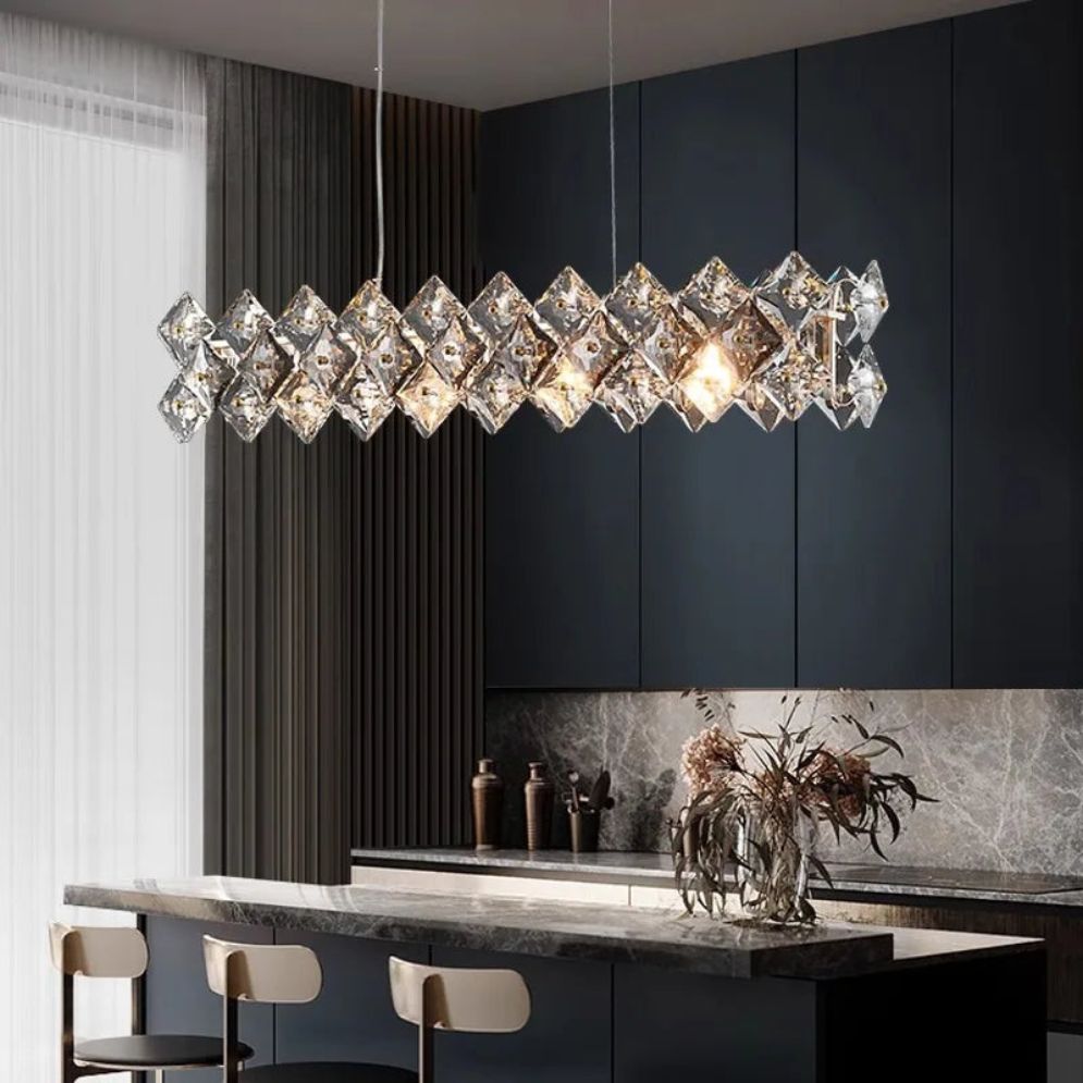 Lustre Long en Cristal pour une Ambiance Moderne et Élégante