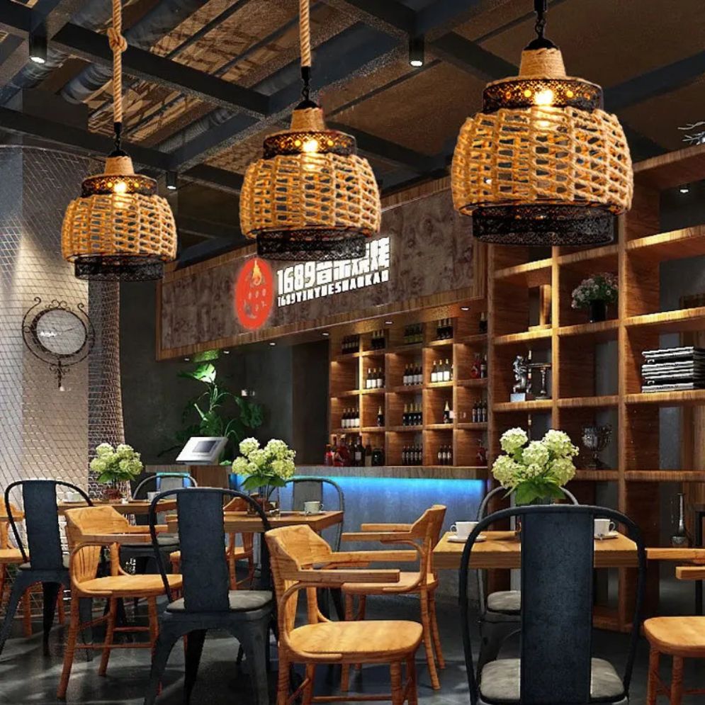 Lustre Vintage en Corde de Chanvre Réglable pour Restaurant - Lumiine