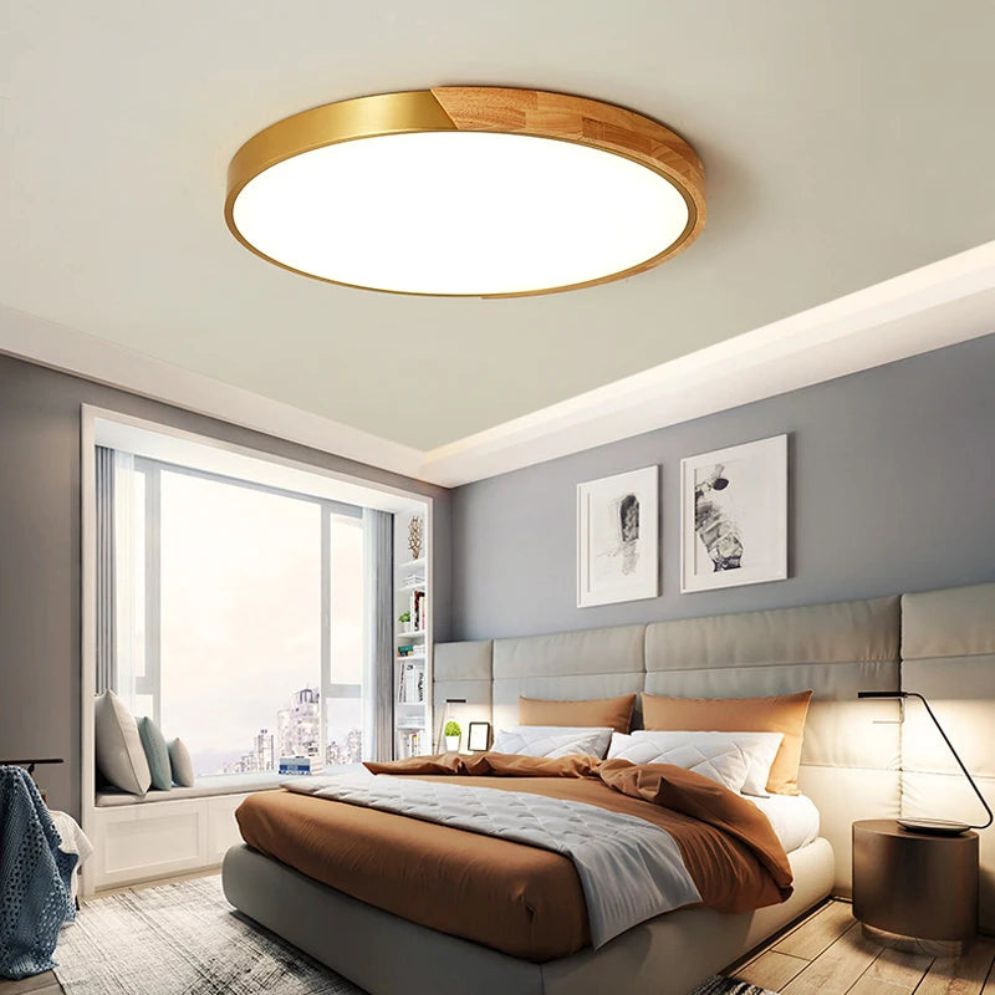 Plafonnier Led Télécommandé Moderne Grain de Bois Doré - Lumiine