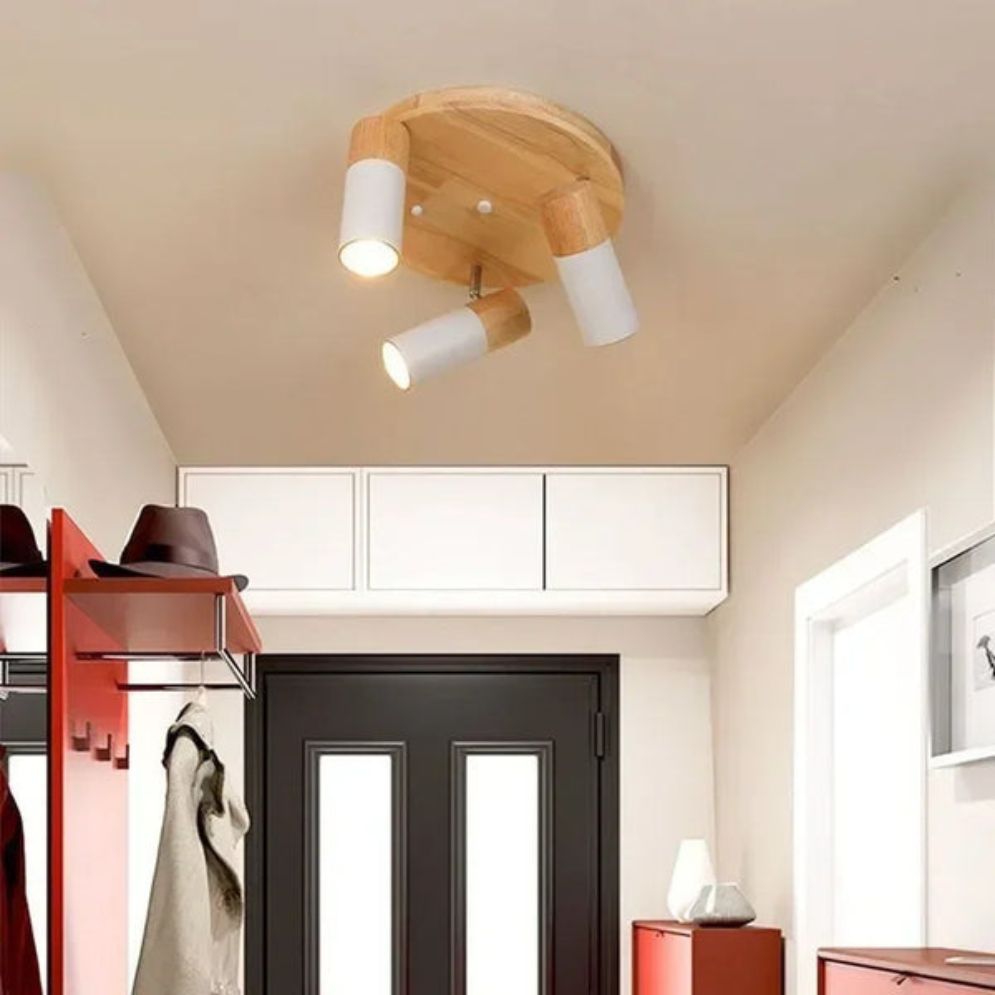 Plafonnier Nordique en Bois avec Projecteur Rotatif Réglable