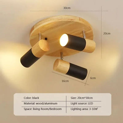 Plafonnier Nordique en Bois avec Projecteur Rotatif Réglable
