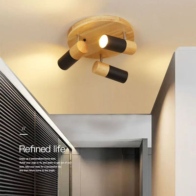 Plafonnier Nordique en Bois avec Projecteur Rotatif Réglable