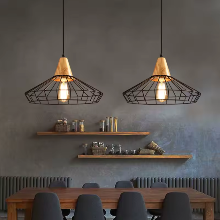 Suspension Design Led en Bois et Cage de Couleur
