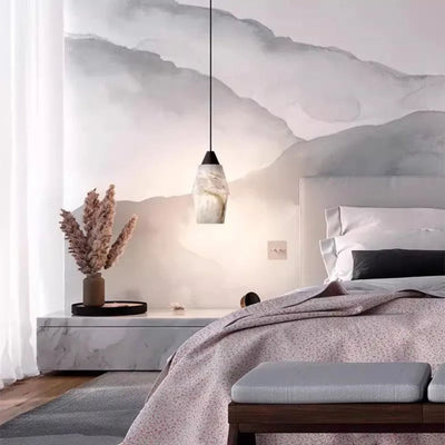 Suspension Marbre Blanc Design Conique Aspect Nuage - Lumiine